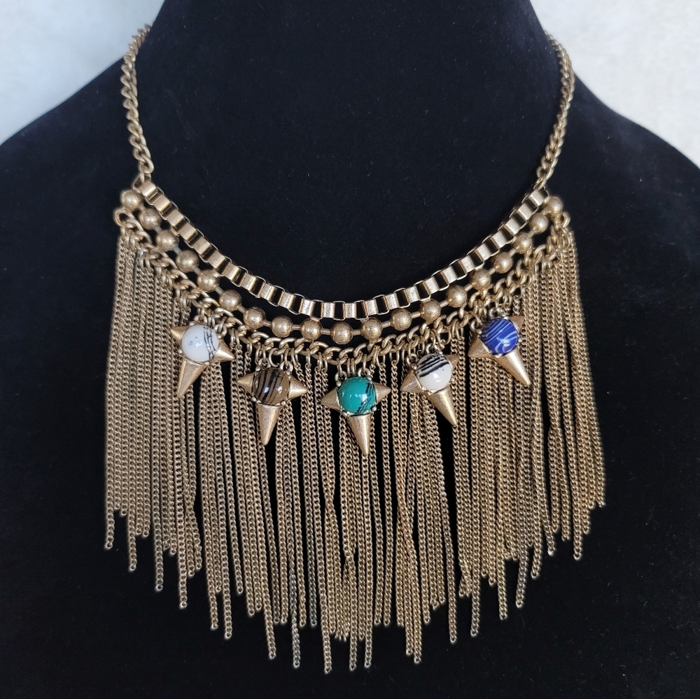Fringe Necklace, Scrimshaw Cabachon Stars - Estate